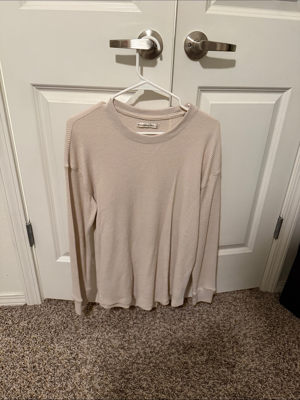 Abercrombie & Fitch Long Sleeve Waffle Knit Top in Light Beige